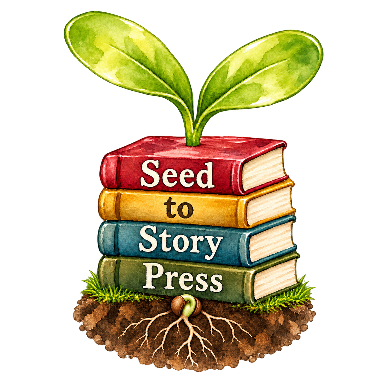Seed to Story Press: four watercolor books topped with a sprout, rooted in a small seed with grass below